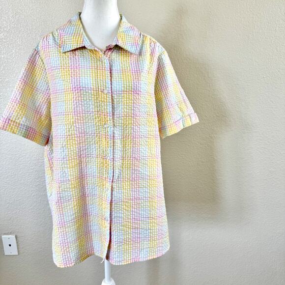 American Sweetheart Shirt Womens XL White Pastel Plaid Easter Seersucker Button - Picture 4 of 14